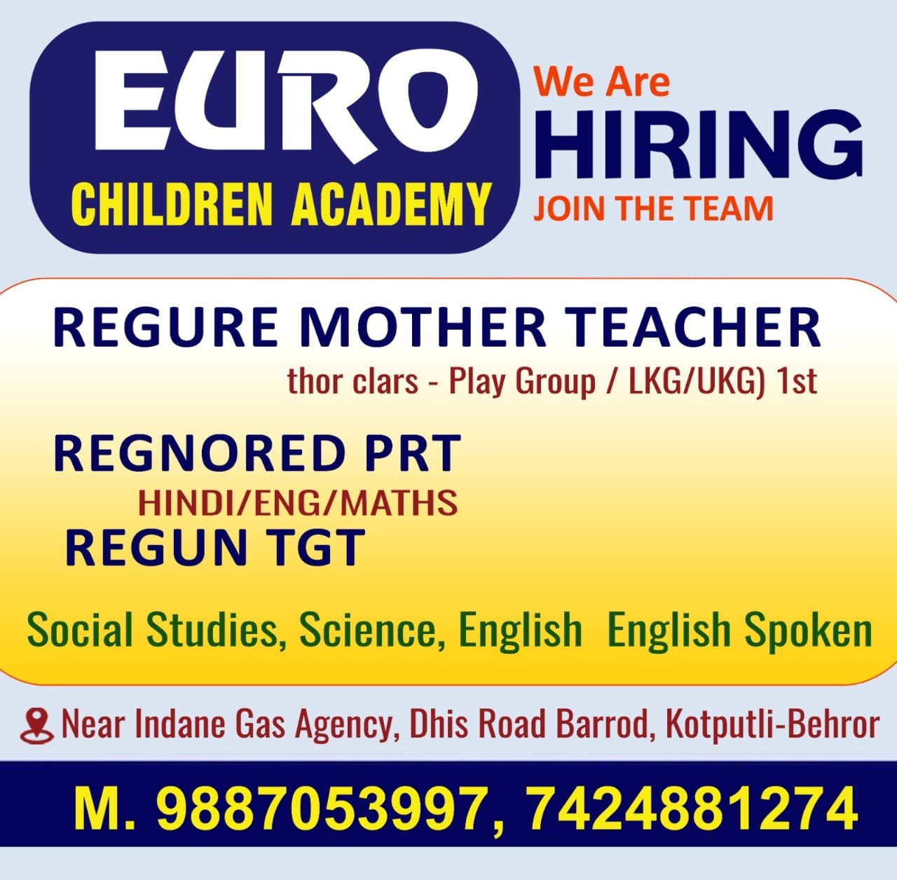 School Jobs at  EURO Children Academy ,  Kotputli